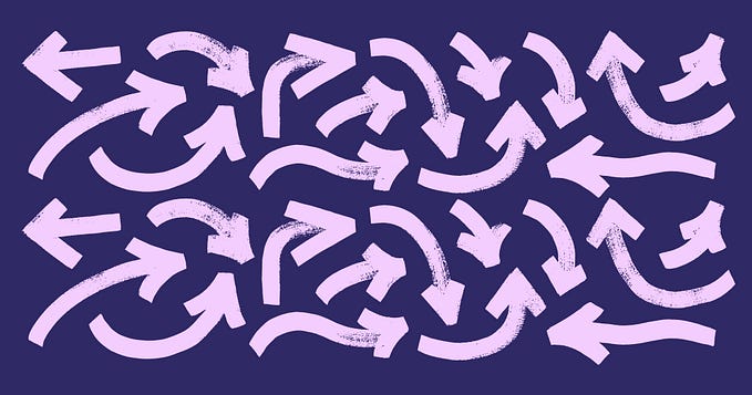 Purple background with graphics of pink, textured arrows pointing in different directions.